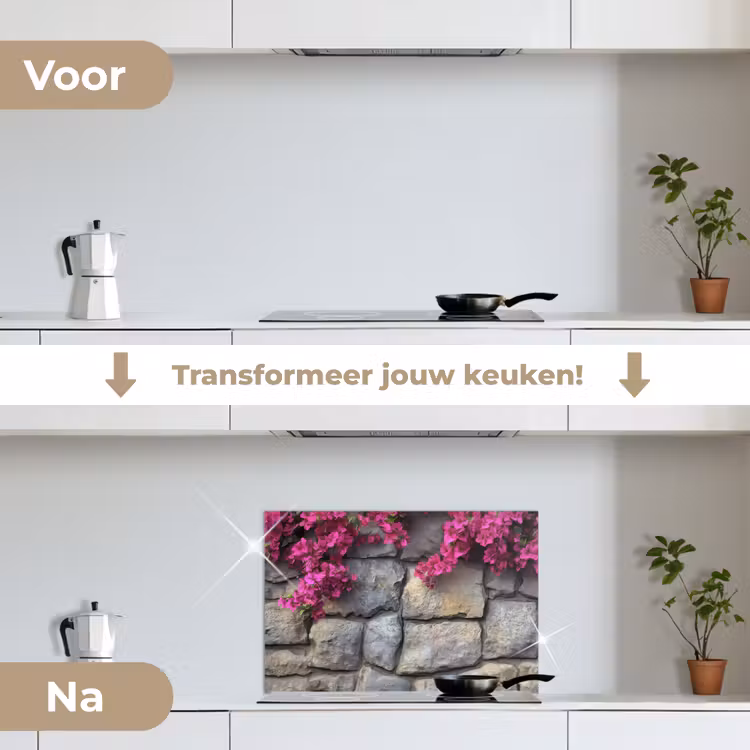 Bougainvillea - Stenen Muur - Roze keuken achterwand spatscherm klein -voor_na_NL