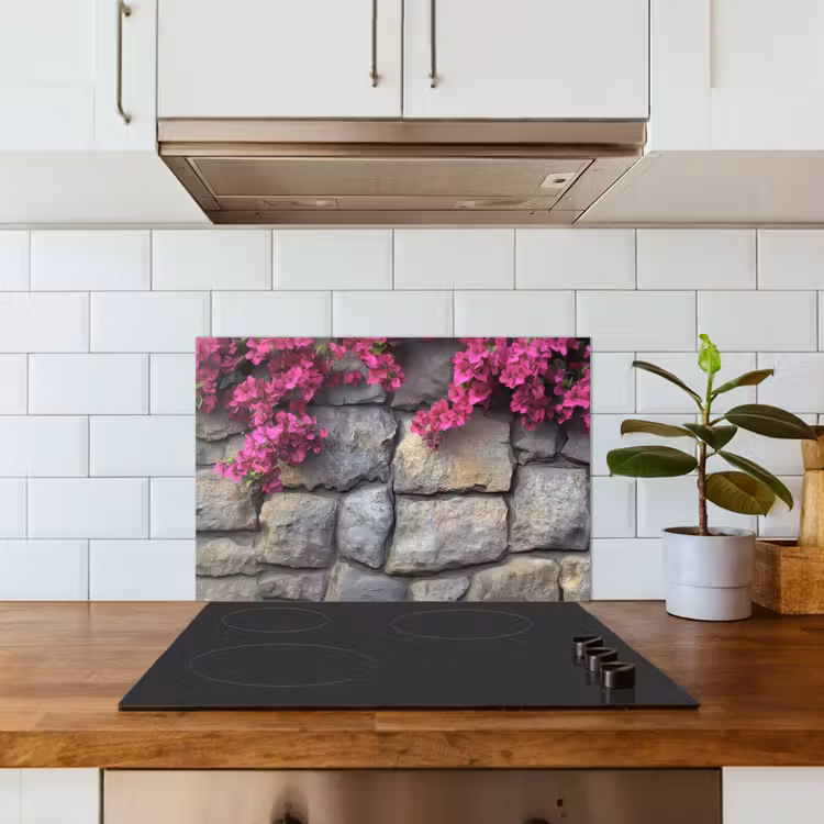 Bougainvillea - Stenen Muur - Roze keuken achterwand spatscherm klein -sfeer2