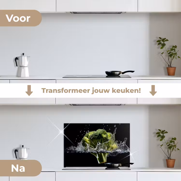 Broccoli - Groen - Water - Zwart keuken achterwand spatscherm klein -voor_na_NL
