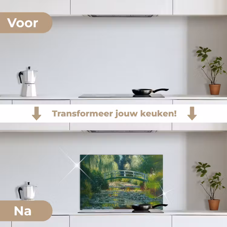Brug - Hout - Vijver - Waterlelies keuken achterwand spatscherm klein -voor_na_NL