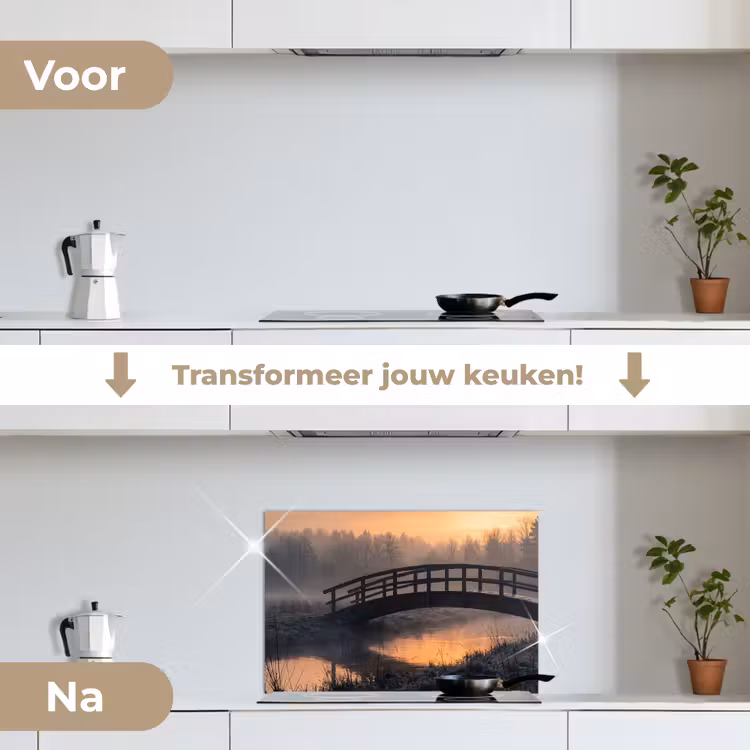 Brug - Mist - Bomen - Water keuken achterwand spatscherm klein -voor_na_NL