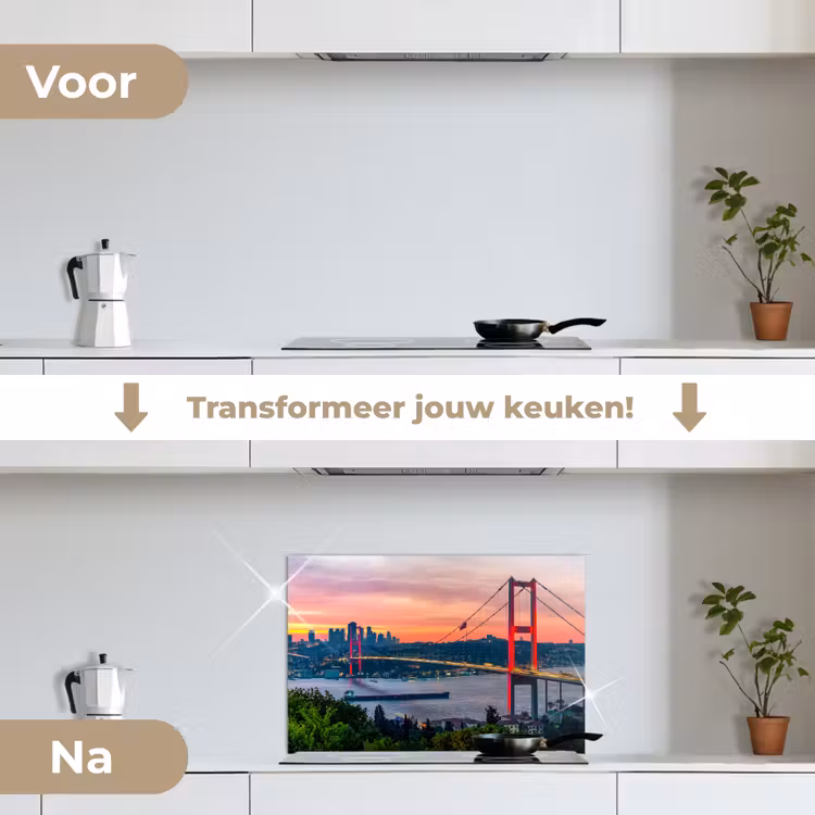 Brug - Rood - Skyline - Water keuken achterwand spatscherm klein -voor_na_NL