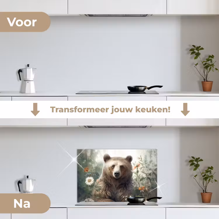 Bruine beer - Wilde dieren - Bloemen - Planten keuken achterwand spatscherm klein -voor_na_NL
