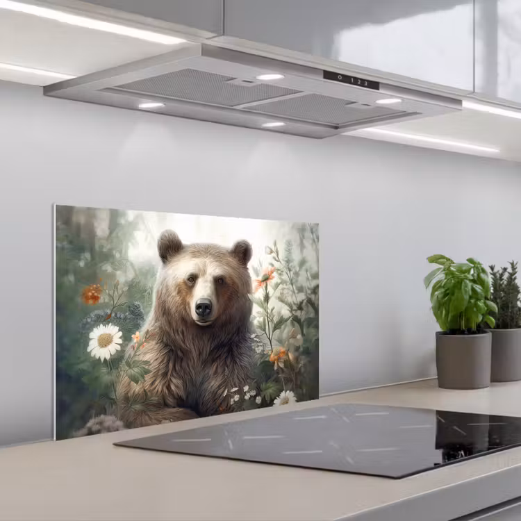 Bruine beer - Wilde dieren - Bloemen - Planten keuken achterwand spatscherm klein -3d_schuin