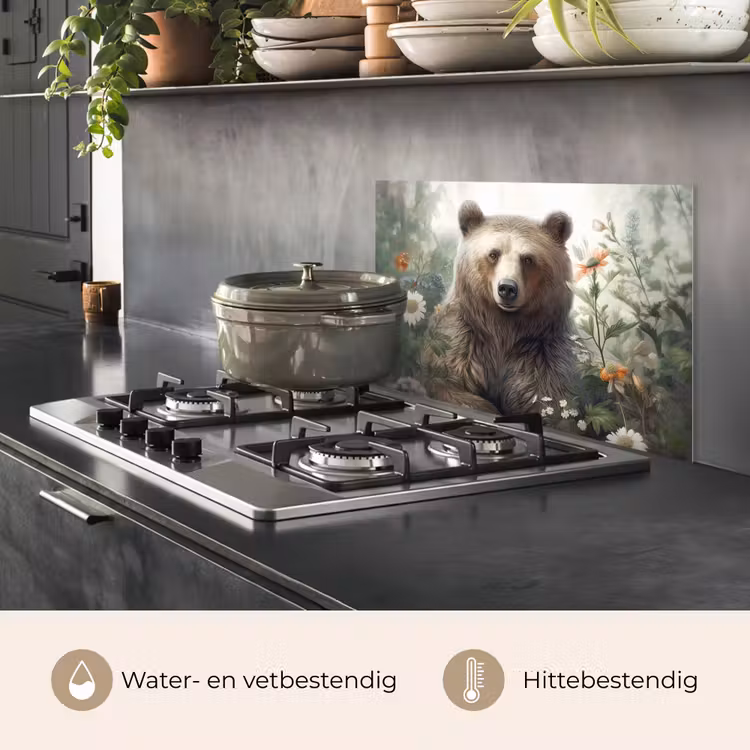 Bruine beer - Wilde dieren - Bloemen - Planten keuken achterwand spatscherm klein -usp_NL