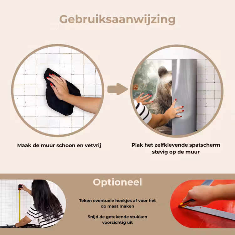 Bruine beer - Wilde dieren - Bloemen - Planten keuken achterwand spatscherm klein -gebruiksaanwijzing_NL