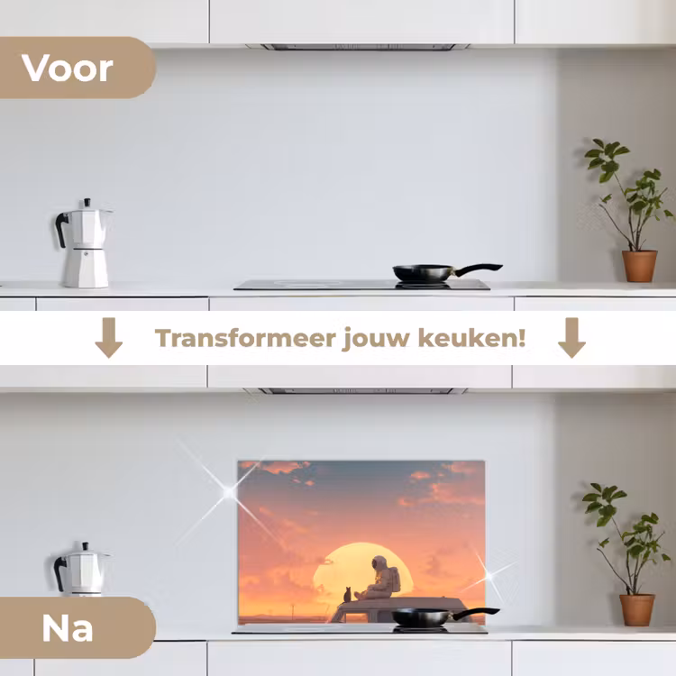 Busje - Kat - Zonsondergang - Oranje keuken achterwand spatscherm klein -voor_na_NL