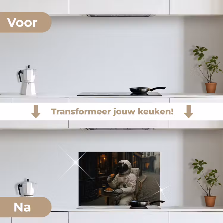 Café - Croissant - Koffie - Astronaut keuken achterwand spatscherm klein -voor_na_NL