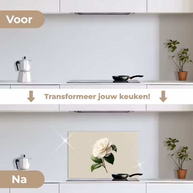 Cameliabloem - Wit - Groen keuken achterwand spatscherm klein -voor_na_NL