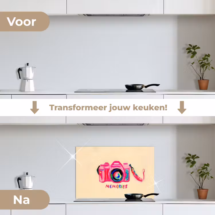 Camera - Memories - Roze - Geschilderd keuken achterwand spatscherm klein -voor_na_NL