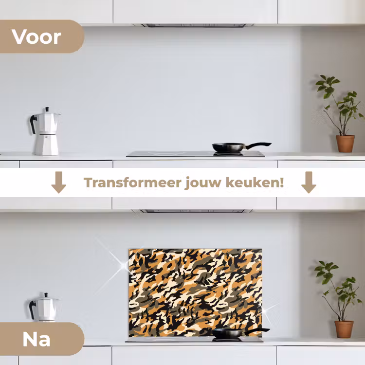 Camouflage - Aardetinten - Patroon keuken achterwand spatscherm klein 900 -voor_na_NL