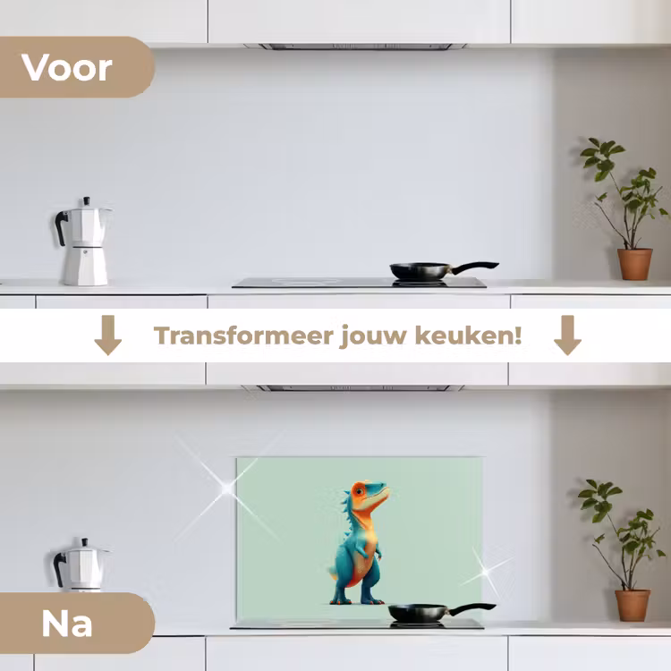 Cartoon - Dino - Oranje - Stekels keuken achterwand spatscherm klein -voor_na_NL
