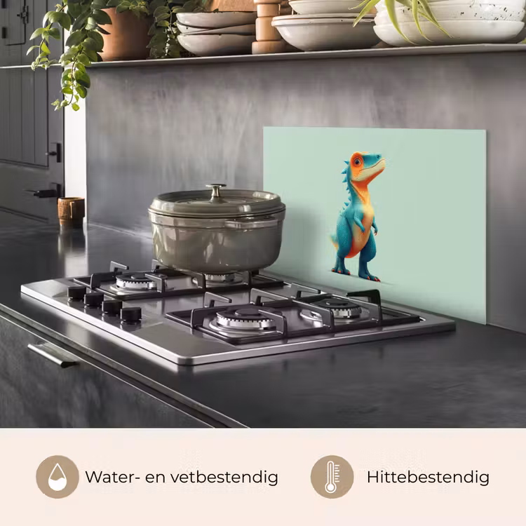 Cartoon - Dino - Oranje - Stekels keuken achterwand spatscherm klein -usp_NL