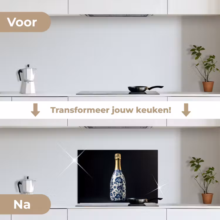 Champagne - Bloemen - Goud - Chique keuken achterwand spatscherm klein -voor_na_NL
