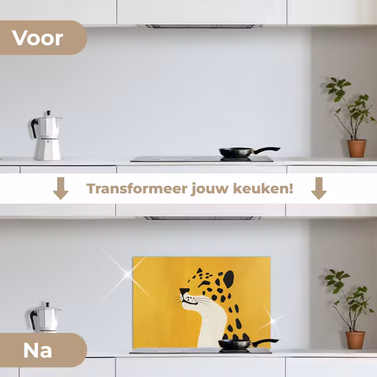 Cheetah - Illustratie - Geel keuken achterwand spatscherm klein -voor_na_NL