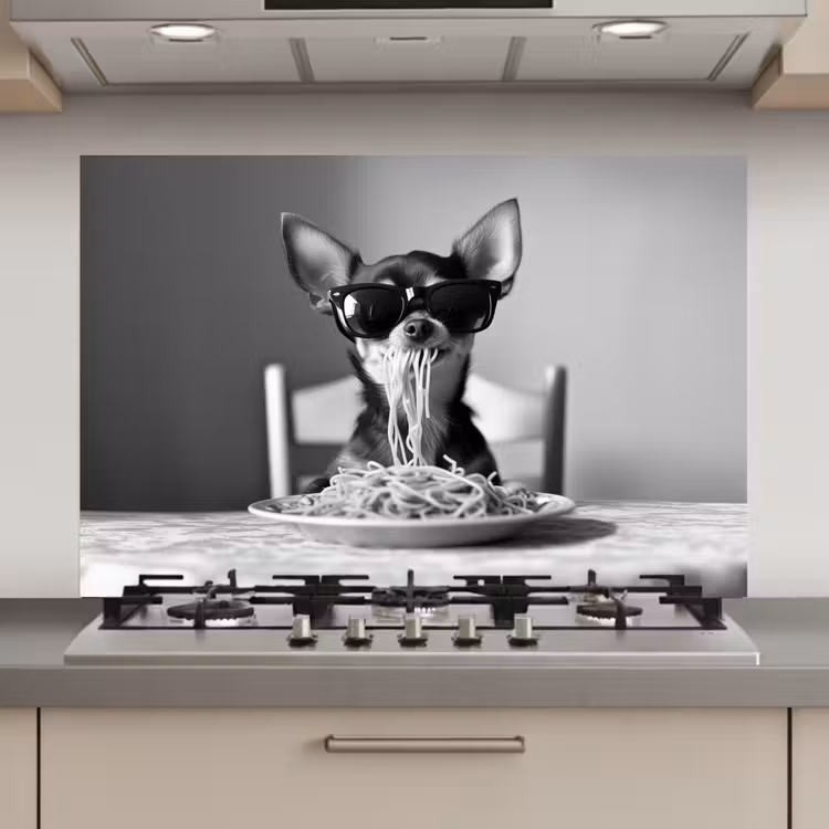 Chihuahua - Hond - Zonnebril - Humoristisch - Zwart - Wit - Spaghetti keuken achterwand spatscherm klein -3d_website