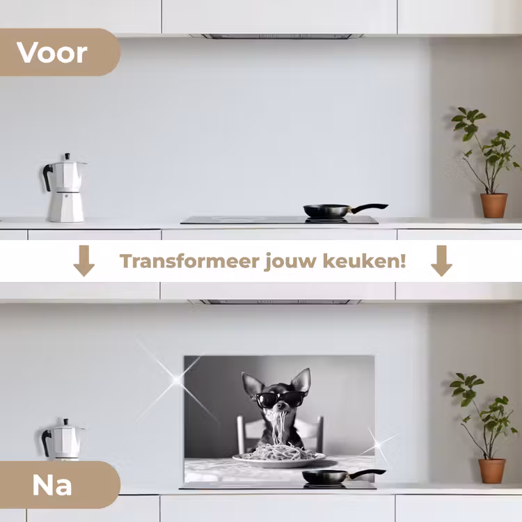 Chihuahua - Hond - Zonnebril - Humoristisch - Zwart - Wit - Spaghetti keuken achterwand spatscherm klein -voor_na_NL