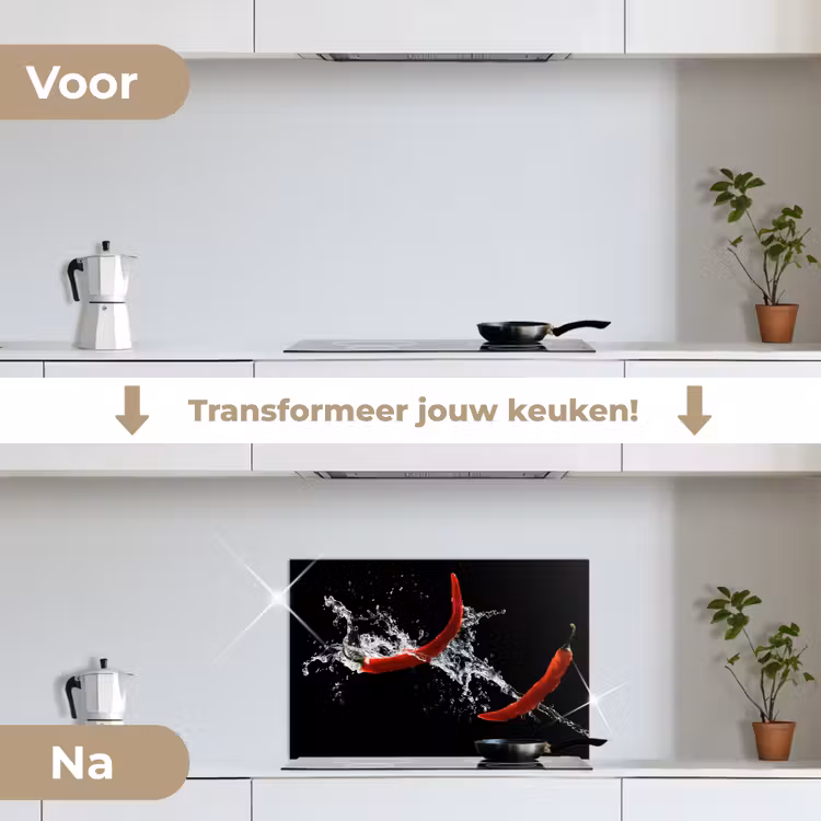 Chilipeper - Stilleven - Water - Zwart - Rood keuken achterwand spatscherm klein -voor_na_NL