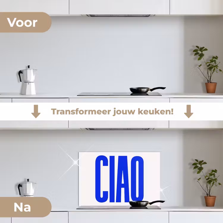 Ciao - Hoofdletters - Blauw - Minimalistisch keuken achterwand spatscherm klein -voor_na_NL