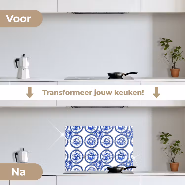 Cirkels - Bloemen - Blauw keuken achterwand spatscherm klein 900 -voor_na_NL