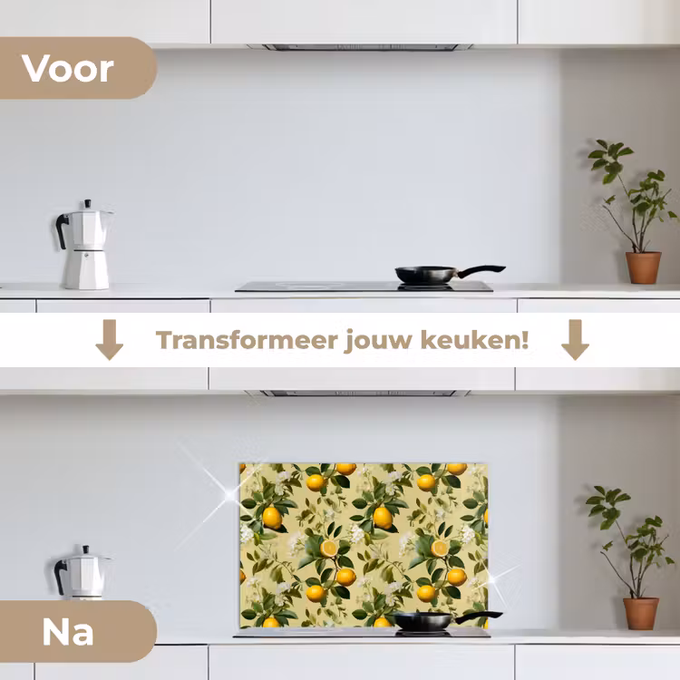 Citroen - Groen - Bloesem keuken achterwand spatscherm klein 900 -voor_na_NL