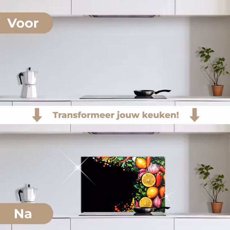Citroenen - Peper - Kruiden - Graffiti - Verf - Abstract keuken achterwand spatscherm klein -voor_na_NL