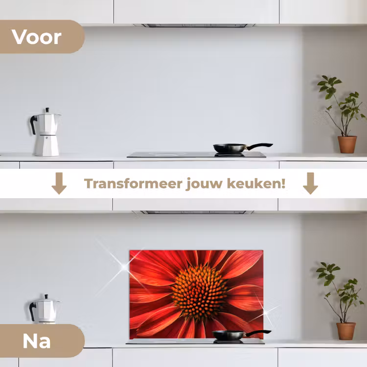 Close up - Bloem- Rood keuken achterwand spatscherm klein -voor_na_NL