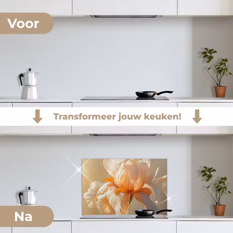 Close up - Oranje - Iris keuken achterwand spatscherm klein -voor_na_NL