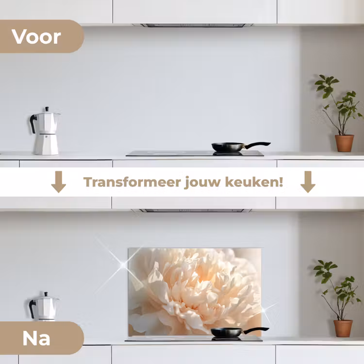 Close up - Pioenroos - Lichtroze keuken achterwand spatscherm klein -voor_na_NL