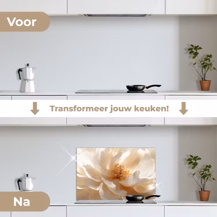 Close up - Pioenroos - Wit keuken achterwand spatscherm klein -voor_na_NL
