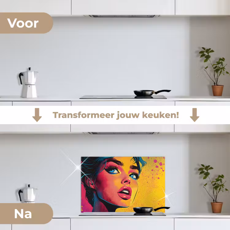 Close-up - Vrouwengezicht - Stippen - Geel keuken achterwand spatscherm klein -voor_na_NL