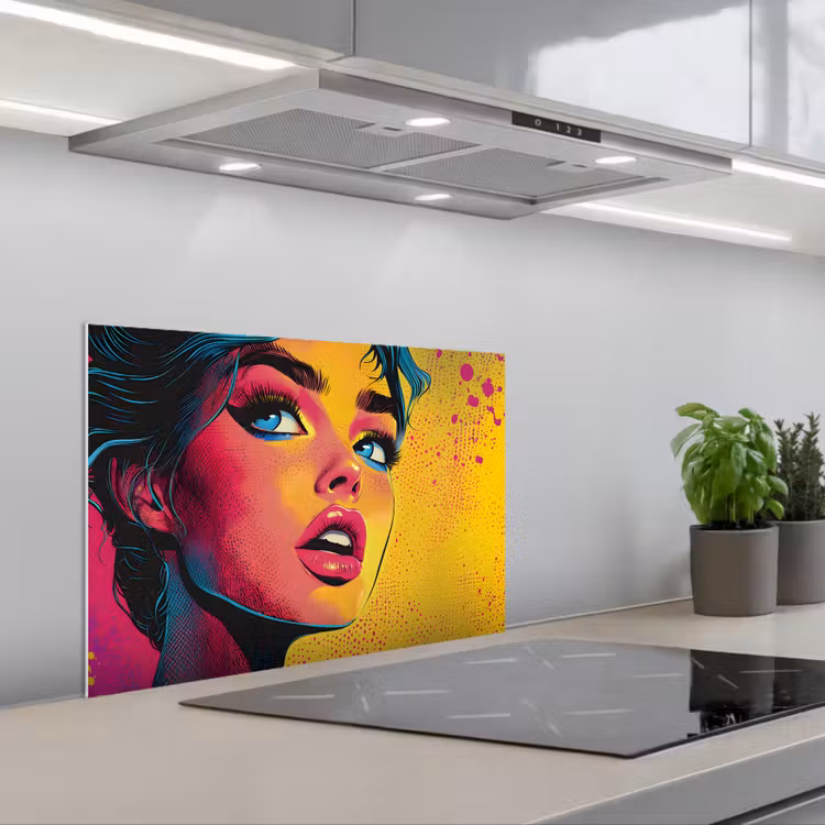 Close-up - Vrouwengezicht - Stippen - Geel keuken achterwand spatscherm klein -3d_schuin