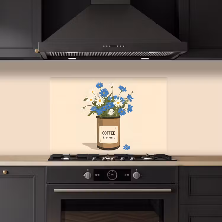 Coffee - Blik - Minimalistisch - Bloemen keuken achterwand spatscherm klein -sfeer1