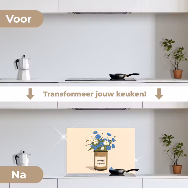 Coffee - Blik - Minimalistisch - Bloemen keuken achterwand spatscherm klein -voor_na_NL
