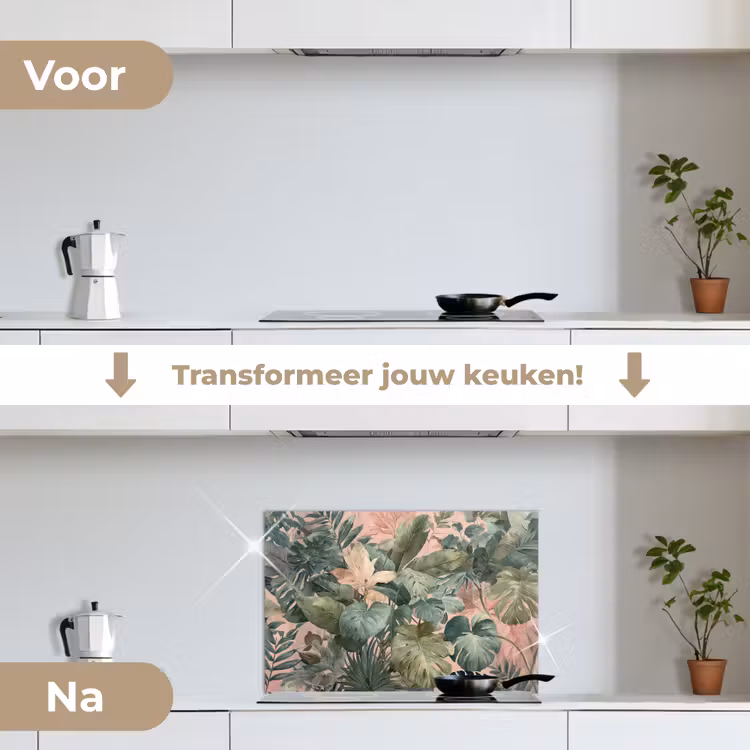 Compositie van bladeren - Groen - Roze keuken achterwand spatscherm klein -voor_na_NL