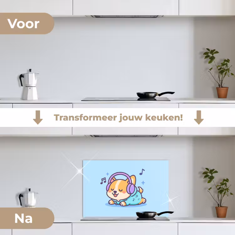 Corgi - Koptelefoon - Blauw - Muzieknoten keuken achterwand spatscherm klein -voor_na_NL
