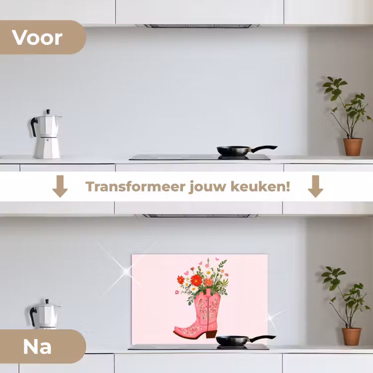 Cowboylaarzen - Roze - Boeket - Bloemen keuken achterwand spatscherm klein -voor_na_NL