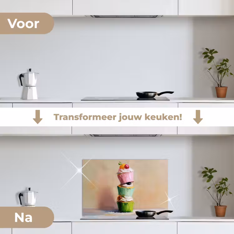 Cupcakes - Gestapeld - Kleurrijk - Fruit keuken achterwand spatscherm klein -voor_na_NL