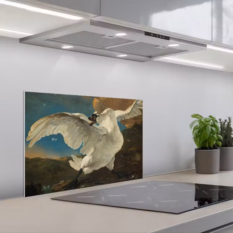 De bedreigde zwaan - Schilderij van Jan Asselijn keuken achterwand spatscherm klein -3d_schuin