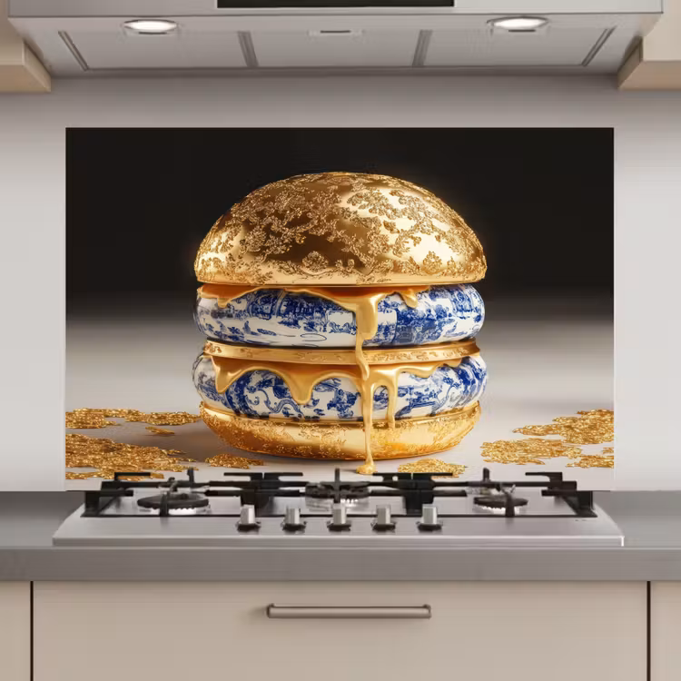 Delftsblauw - Goud - Burger keuken achterwand spatscherm klein -3d_website