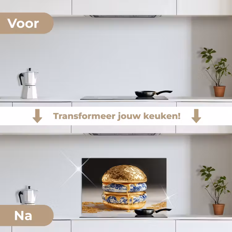 Delftsblauw - Goud - Burger keuken achterwand spatscherm klein -voor_na_NL