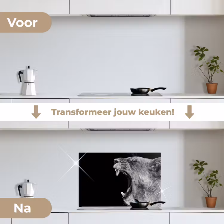 Dieren - Leeuw - Zwart - Wit - Portret keuken achterwand spatscherm klein -voor_na_NL