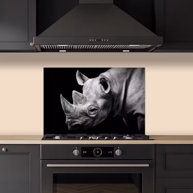 Dieren - Neushoorn - Zwart - Wit - Portret keuken achterwand spatscherm klein -sfeer1
