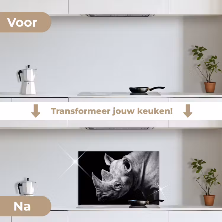 Dieren - Neushoorn - Zwart - Wit - Portret keuken achterwand spatscherm klein -voor_na_NL