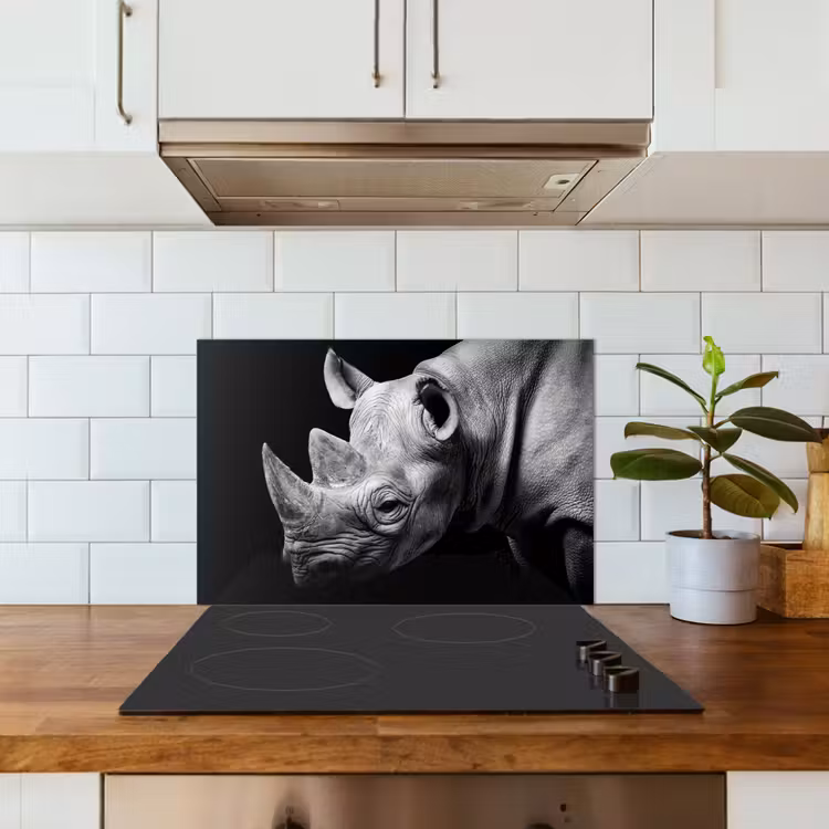 Dieren - Neushoorn - Zwart - Wit - Portret keuken achterwand spatscherm klein -sfeer2