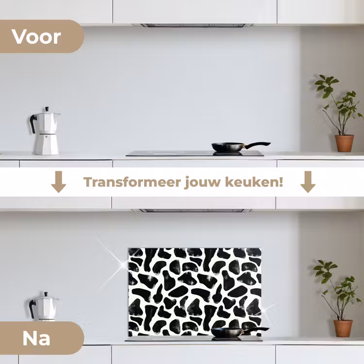 Dierenpatroon - Vlekken - Zwart - Wit keuken achterwand spatscherm klein 900 -voor_na_NL