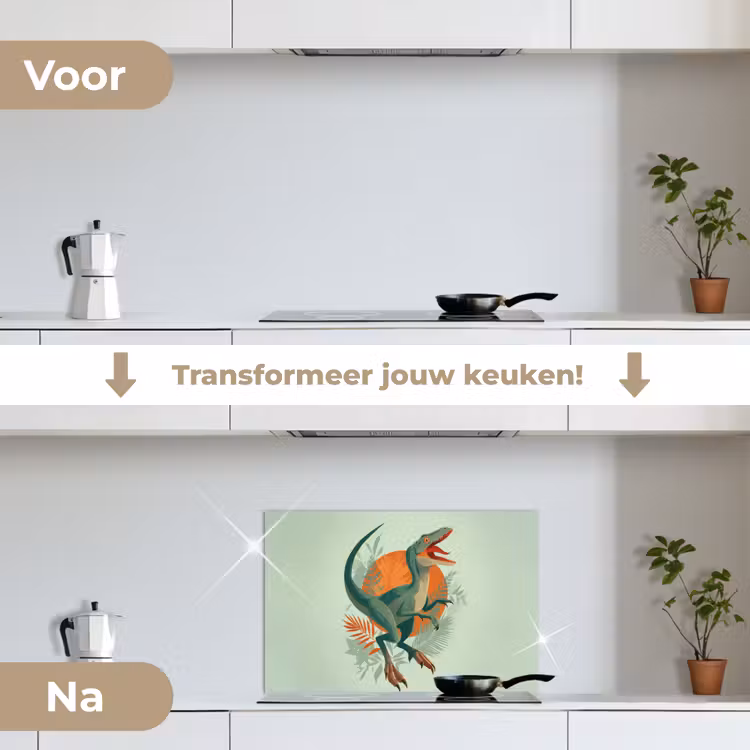 Dino - Bladeren - Grafisch - Groen keuken achterwand spatscherm klein -voor_na_NL