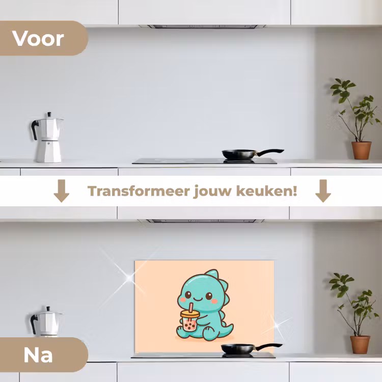 Dino - Boba - kawaii - Oranje keuken achterwand spatscherm klein -voor_na_NL