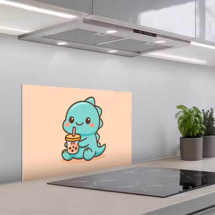 Dino - Boba - kawaii - Oranje keuken achterwand spatscherm klein -3d_schuin