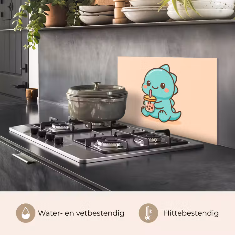 Dino - Boba - kawaii - Oranje keuken achterwand spatscherm klein -usp_NL